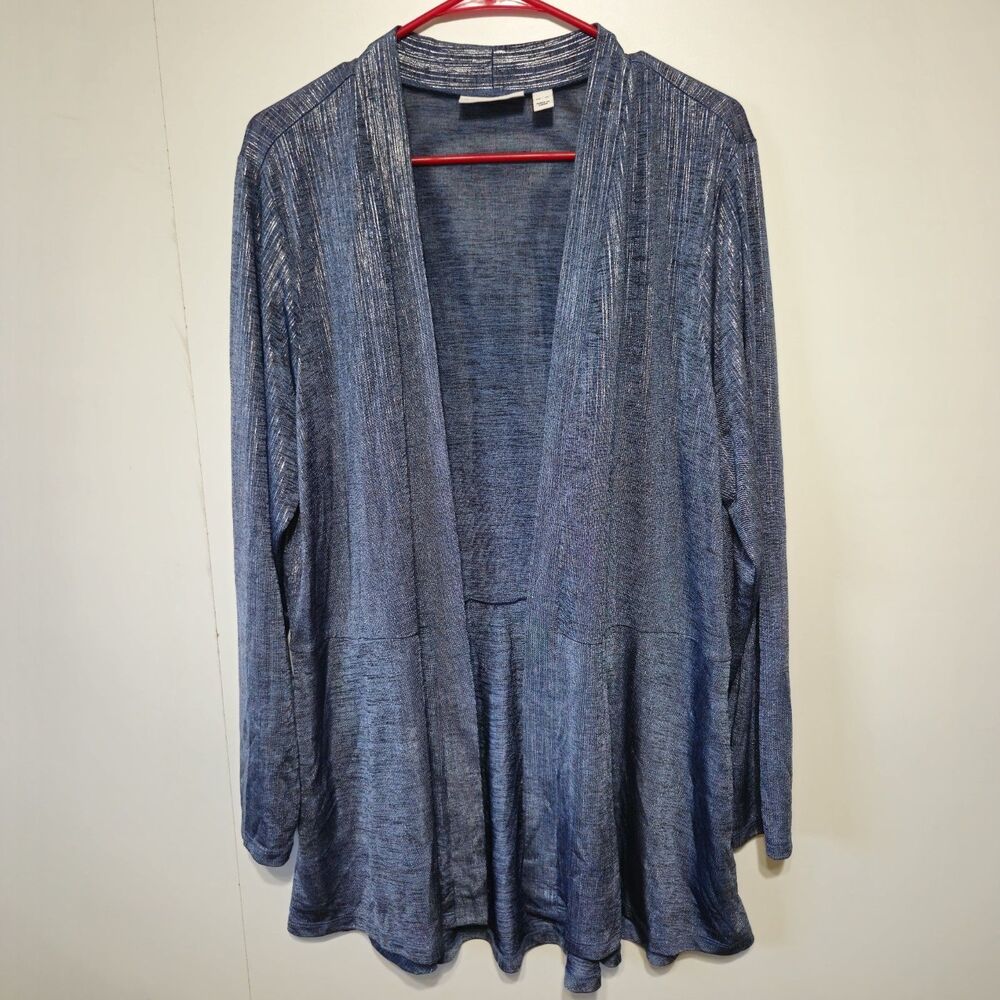 Susan Graver XL Blue Metallic Shimmer Foil Open Front Cardigan Jacket Sparkle